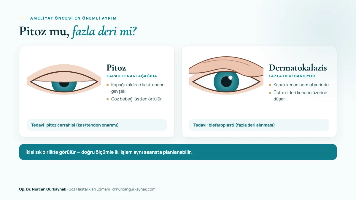 Gerçek pitoz ile fazla deri sarkması (dermatokalazis) arasındaki fark: kapak kenarı seviyesi ve deri katlantısı